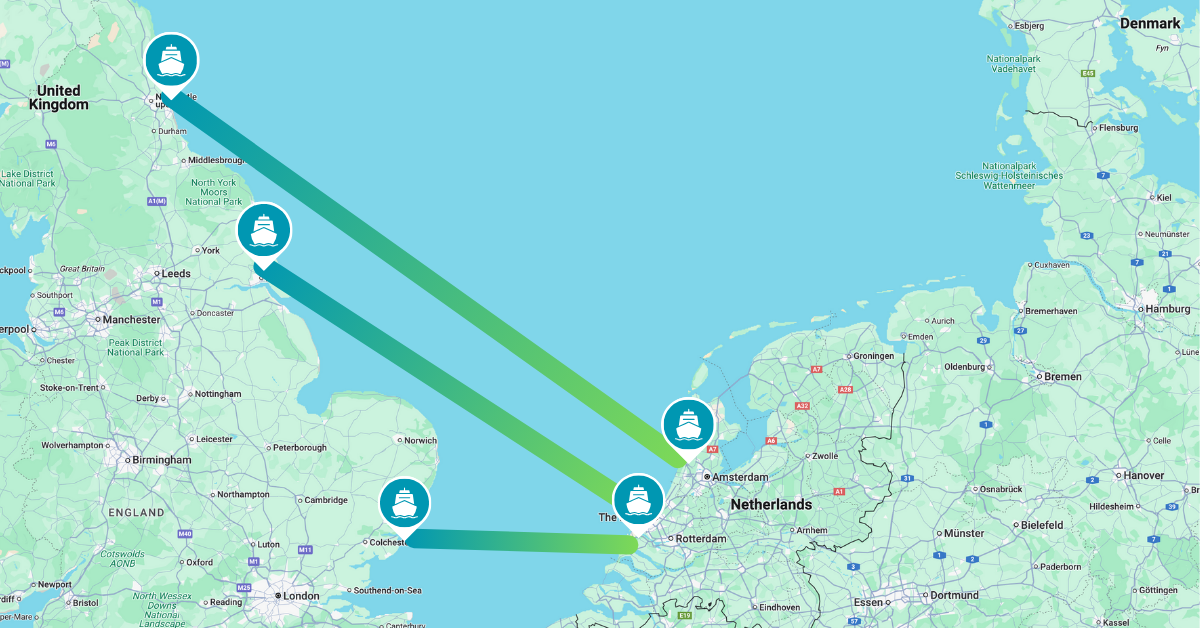 Map of UK to Netherlands dog-friendly ferry routes